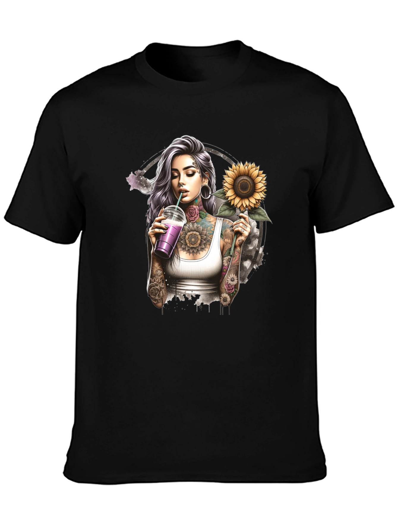 Tattooed Girl Sunflower Graphic Black T-Shirt