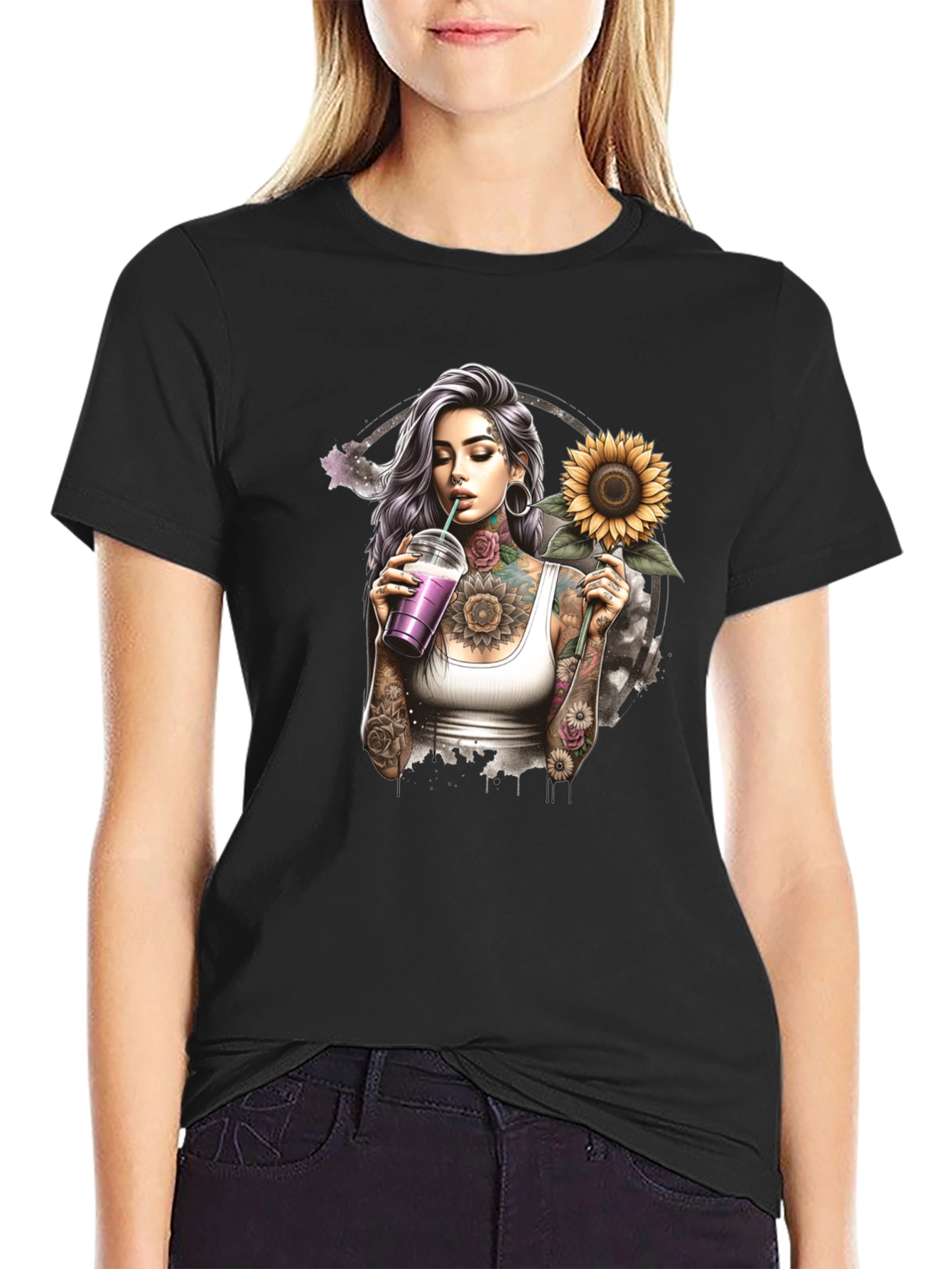 Tattooed Girl Sunflower Graphic Black T-Shirt