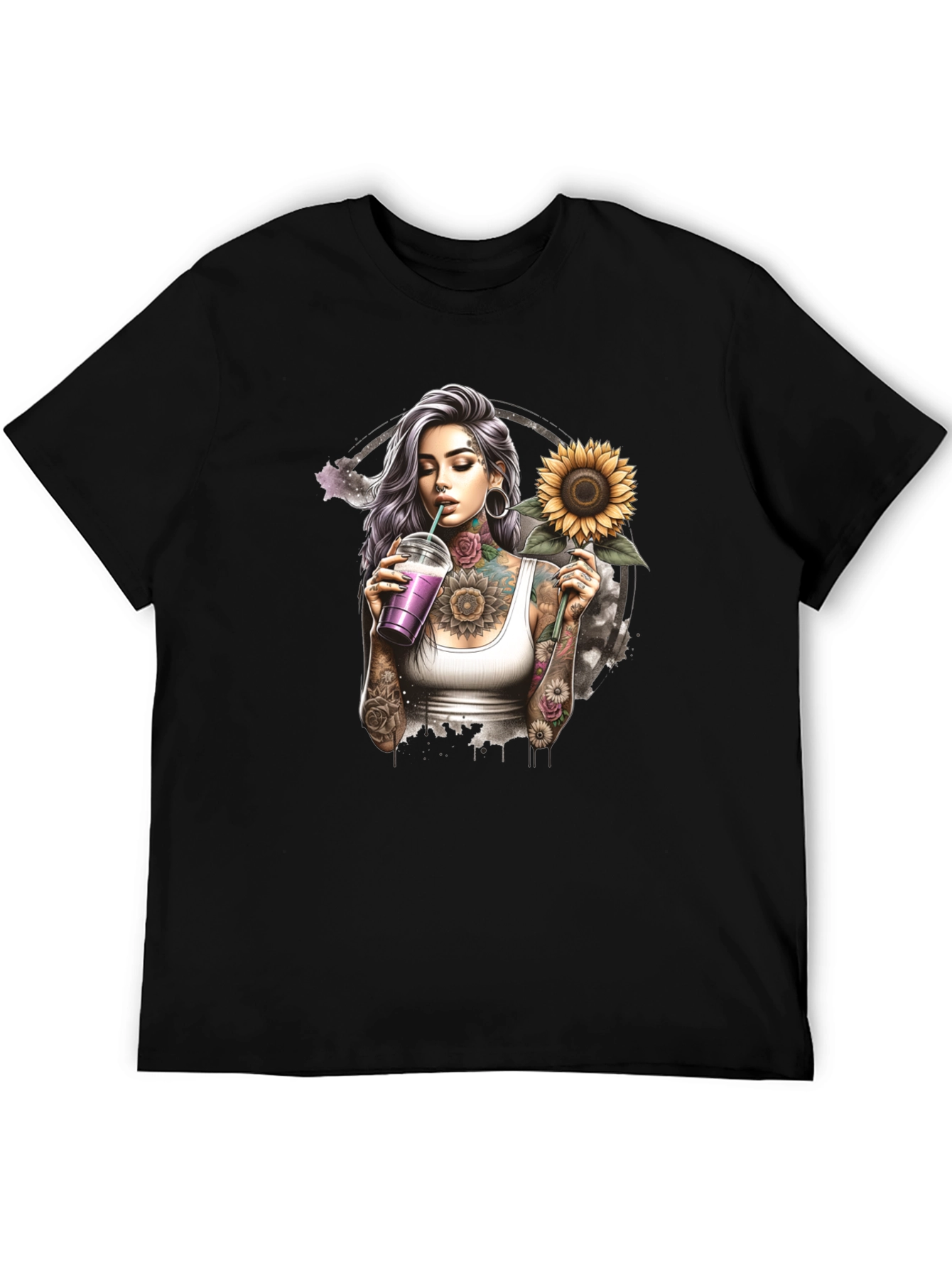 Tattooed Girl Sunflower Graphic Black T-Shirt