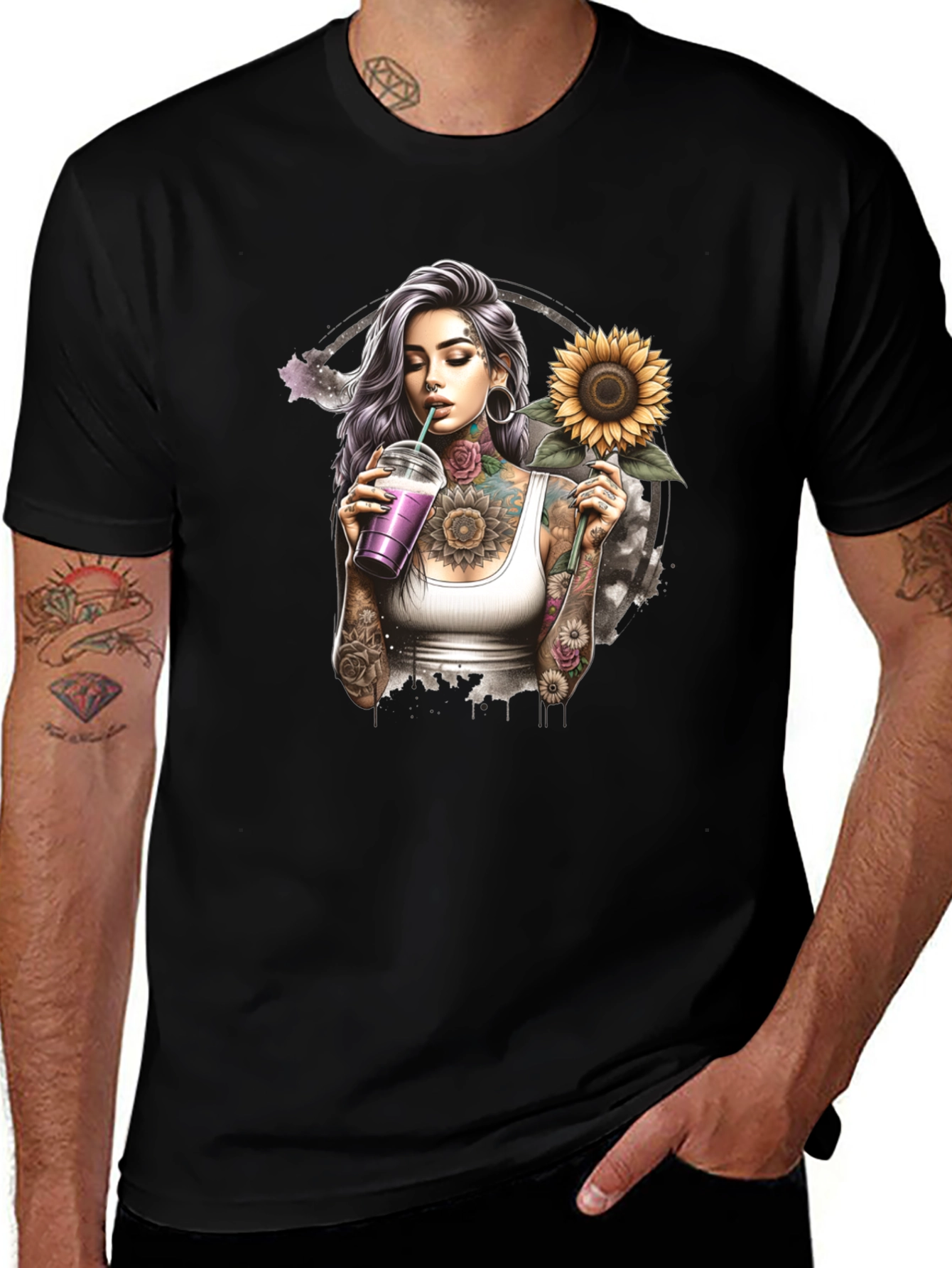 Tattooed Girl Sunflower Graphic Black T-Shirt