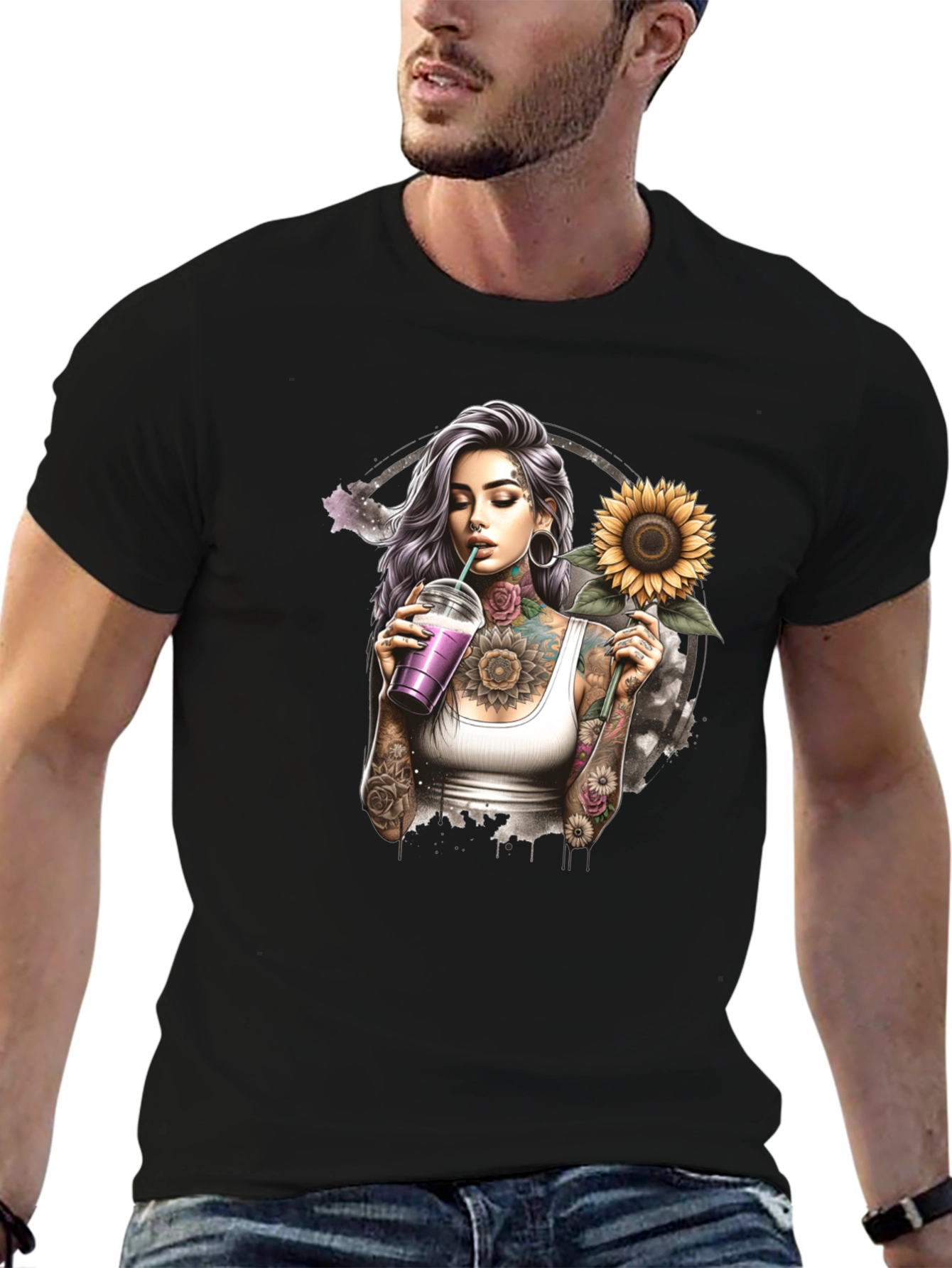 Tattooed Girl Sunflower Graphic Black T-Shirt