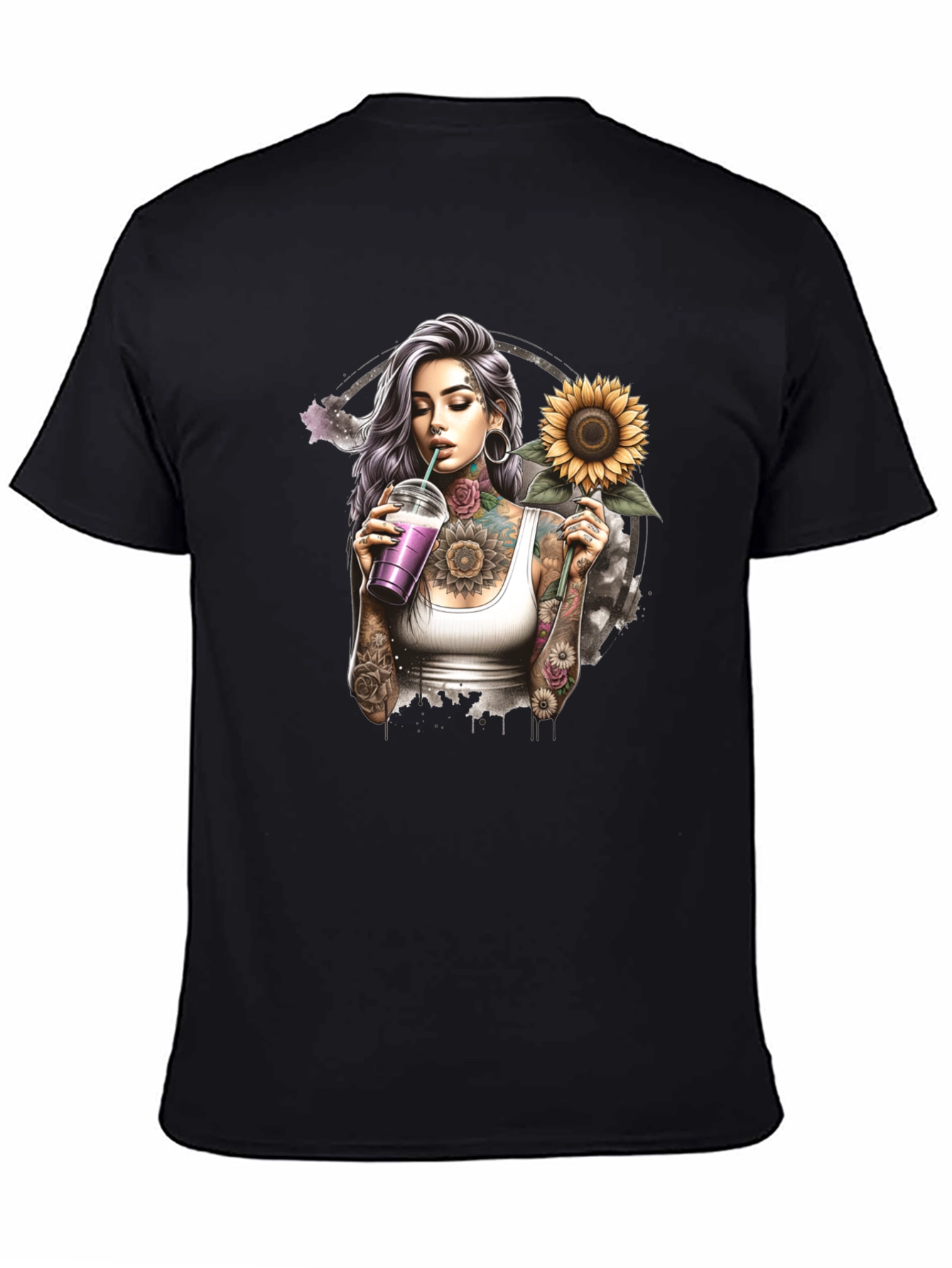 Tattooed Girl Sunflower Graphic Black T-Shirt