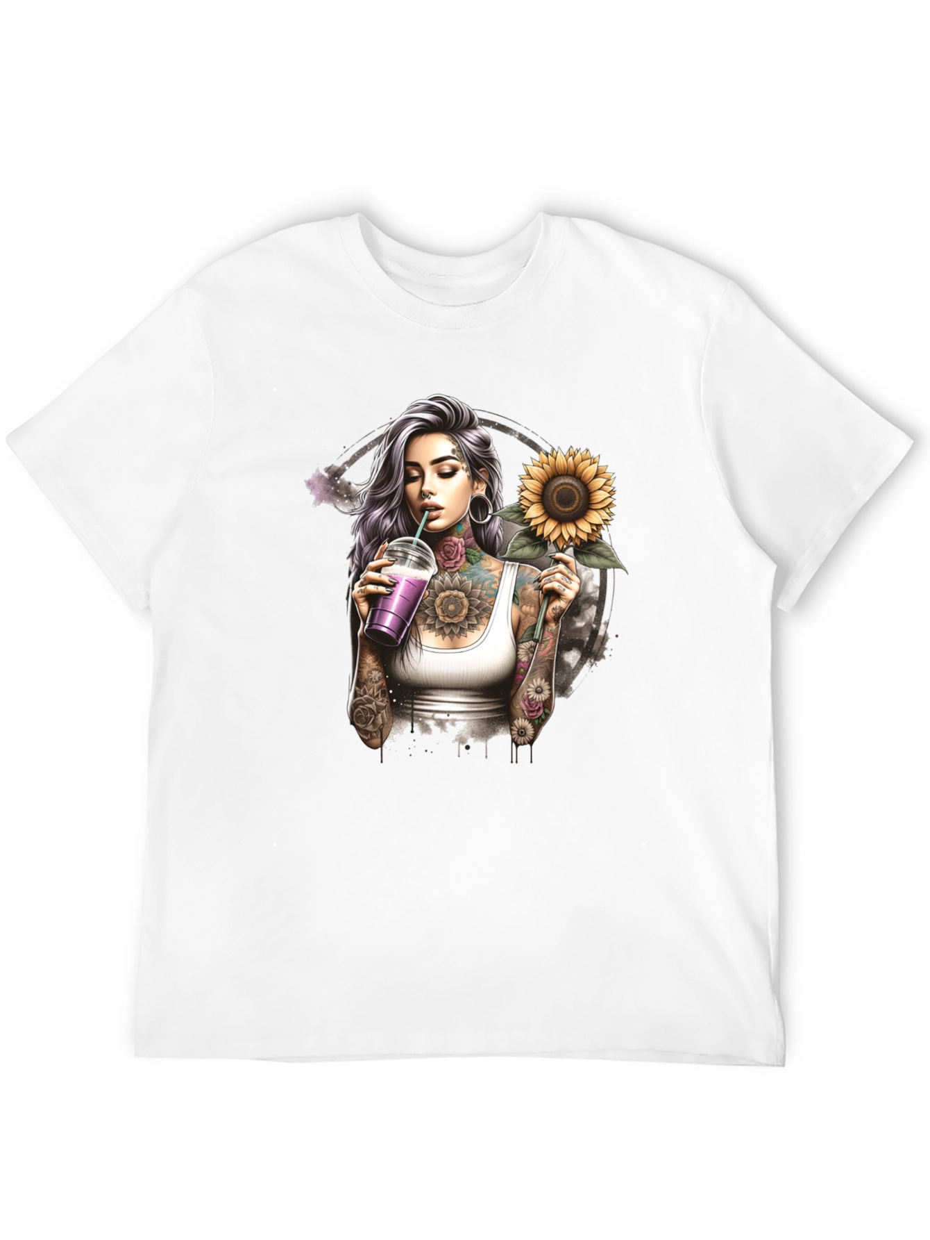 Tattooed Girl Sunflower Graphic Black T-Shirt