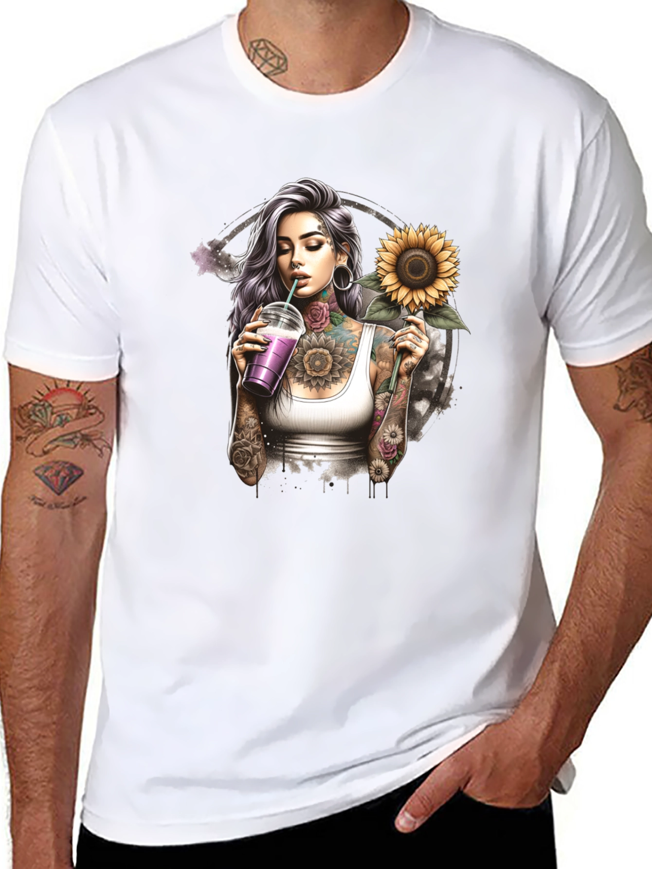 Tattooed Girl Sunflower Graphic Black T-Shirt