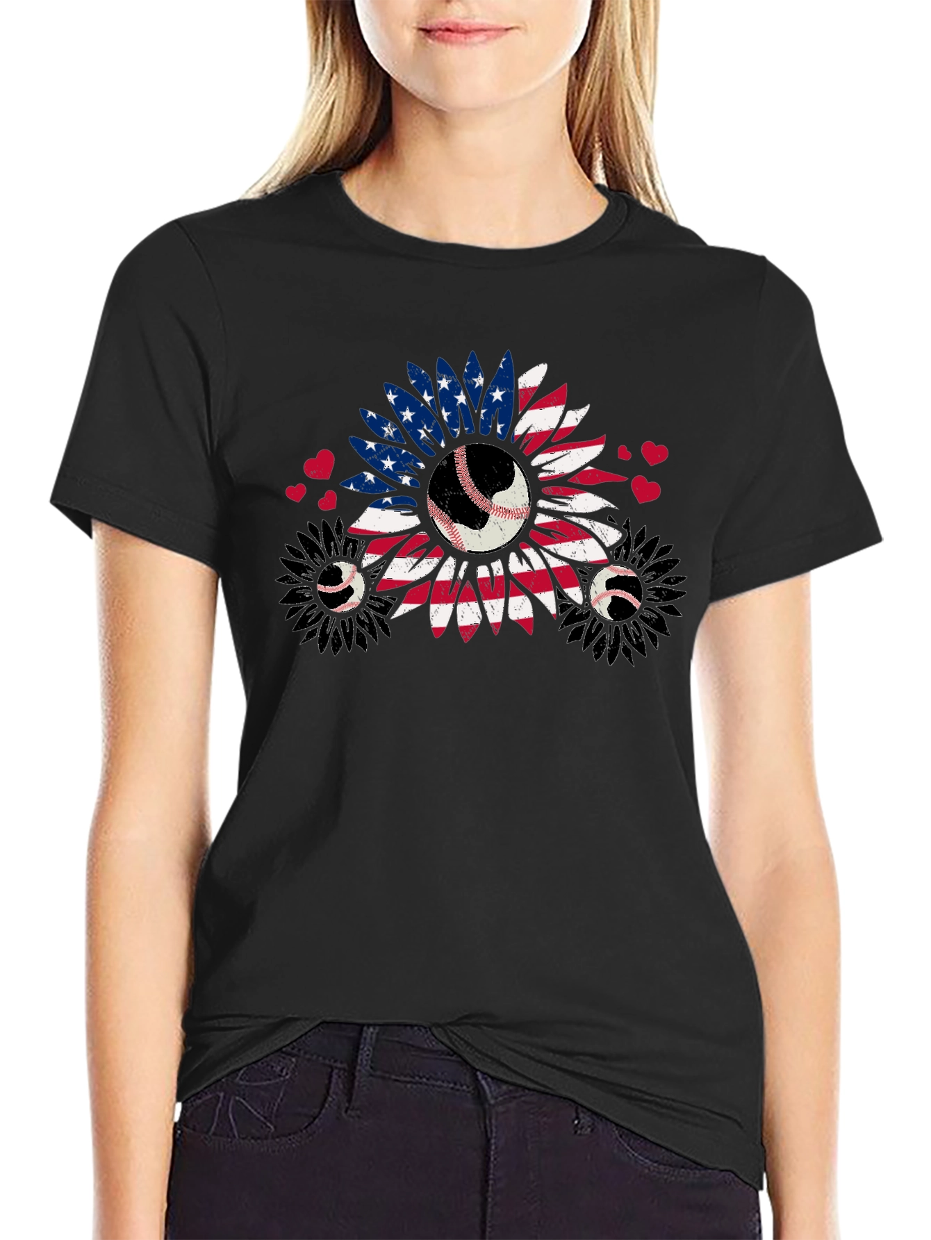 Patriotic Baseball Sunflower Graphic T-Shirt