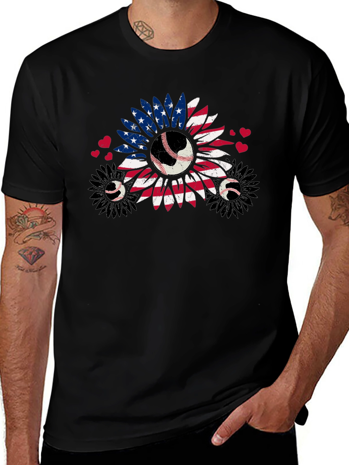 Patriotic Baseball Sunflower Graphic T-Shirt