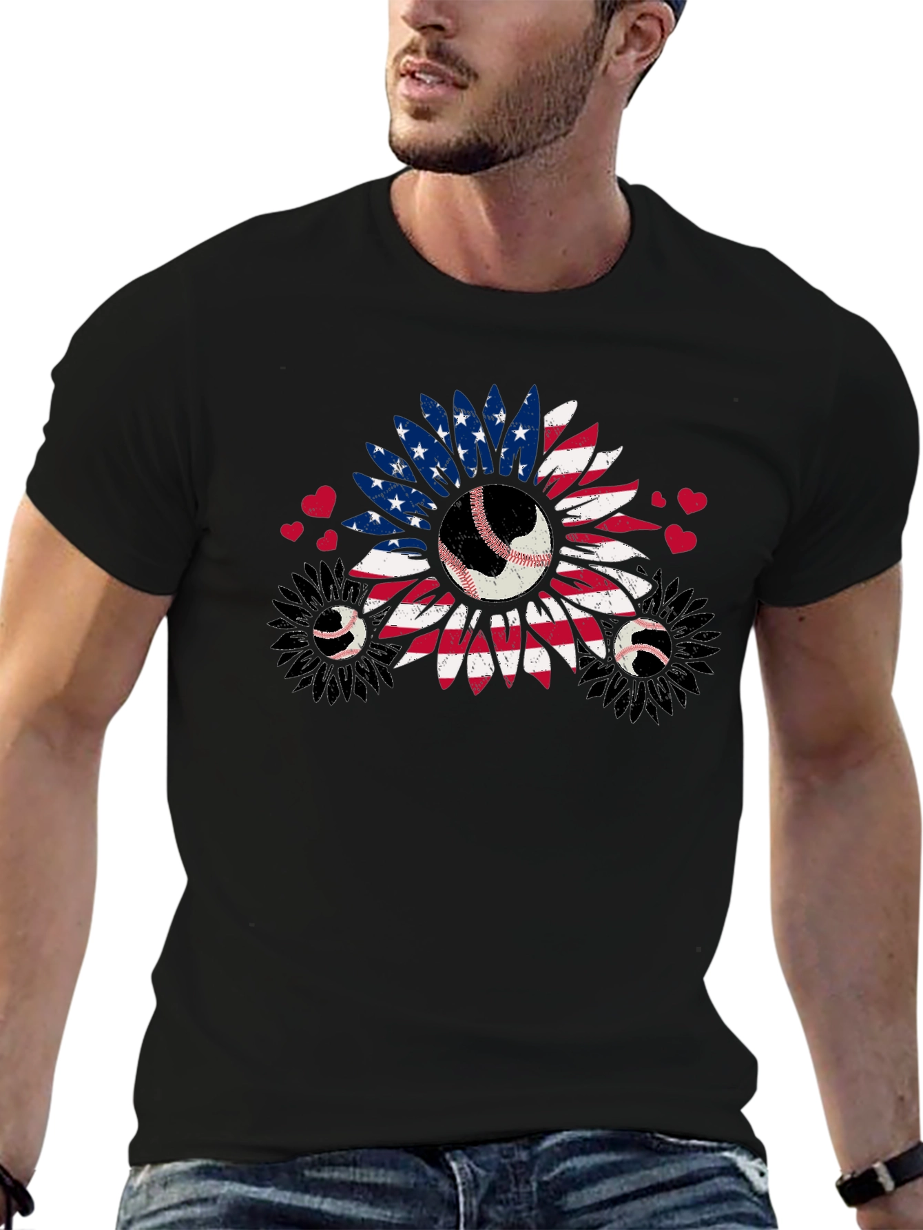 Patriotic Baseball Sunflower Graphic T-Shirt