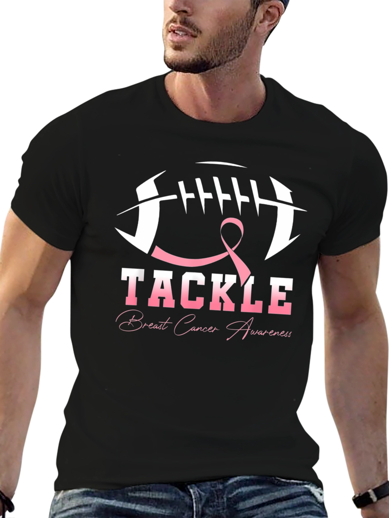 Tackle Breast Cancer Awareness Black T-Shirt