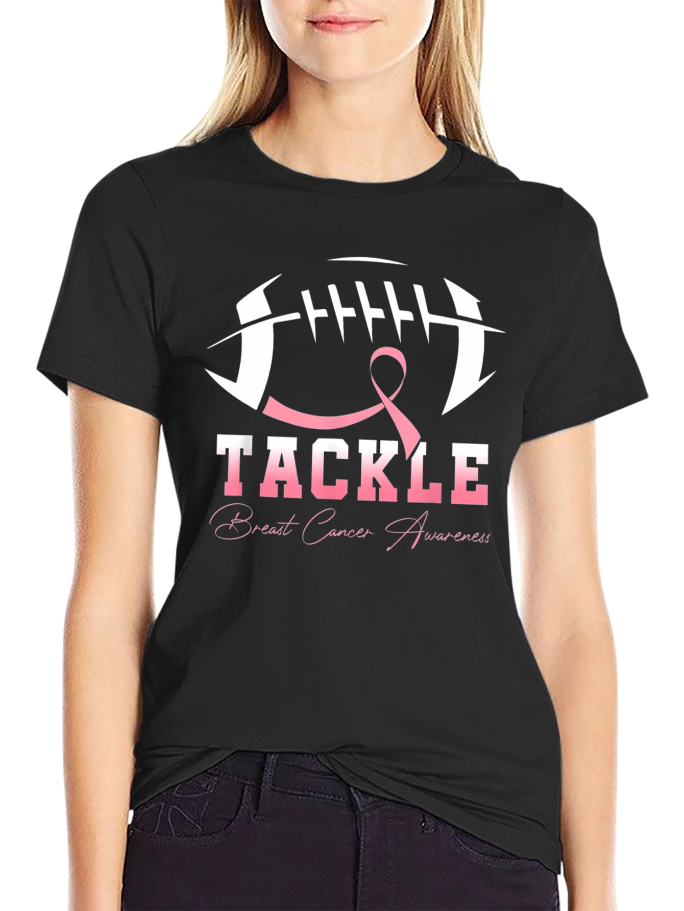 Tackle Breast Cancer Awareness Black T-Shirt