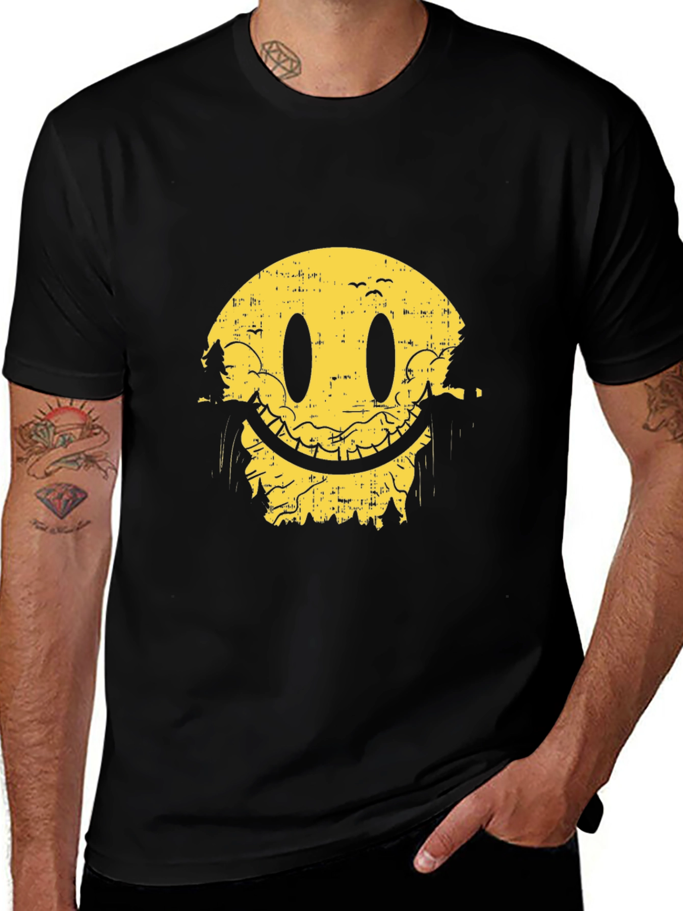 Smiley Face Nature Scene Black T-Shirt