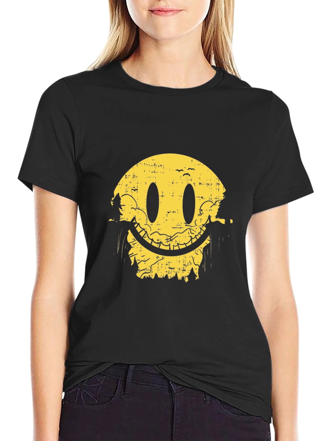 Smiley Face Nature Scene Black T-Shirt