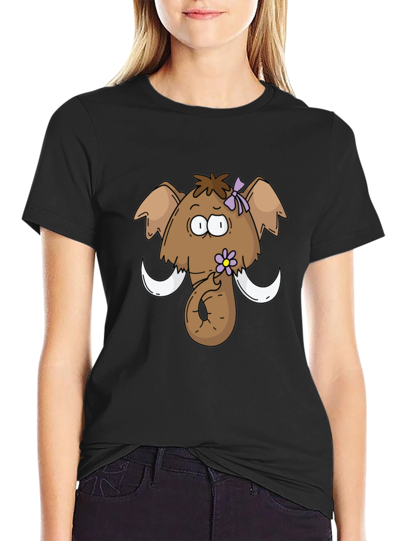 Funny Cartoon Mammoth Black T-Shirt