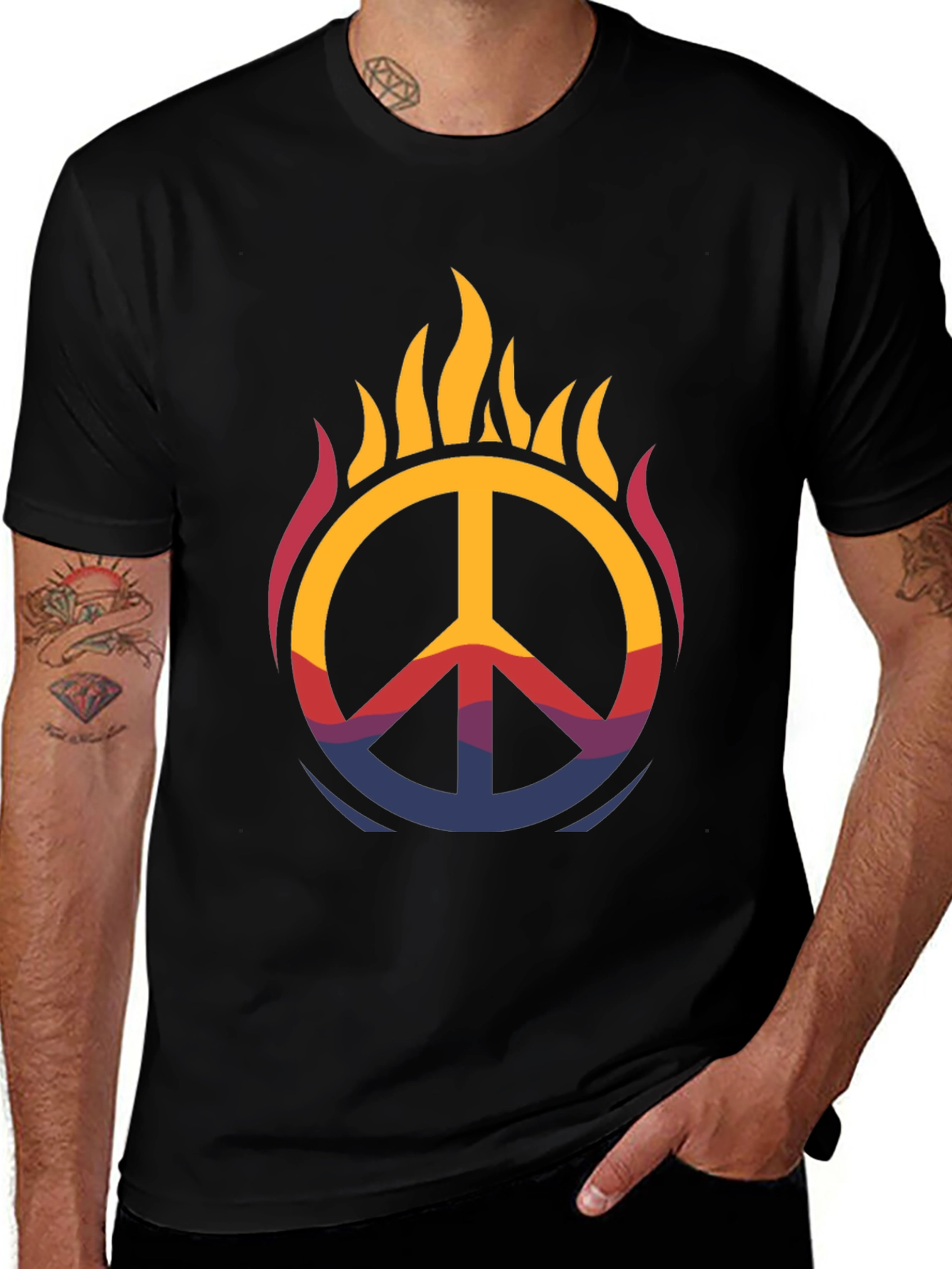 Flaming Peace Sign Graphic Tee - Black