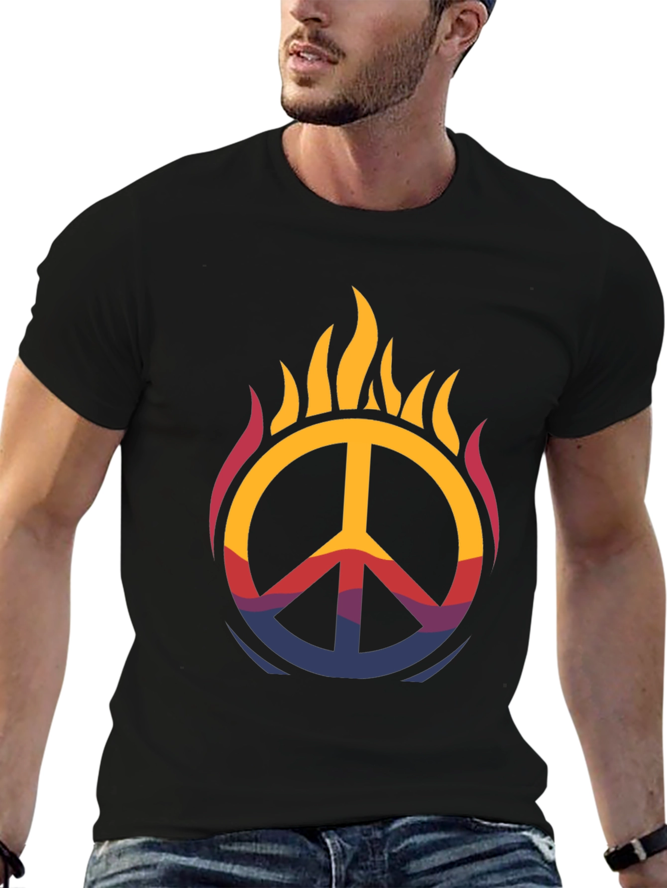 Flaming Peace Sign Graphic Tee - Black