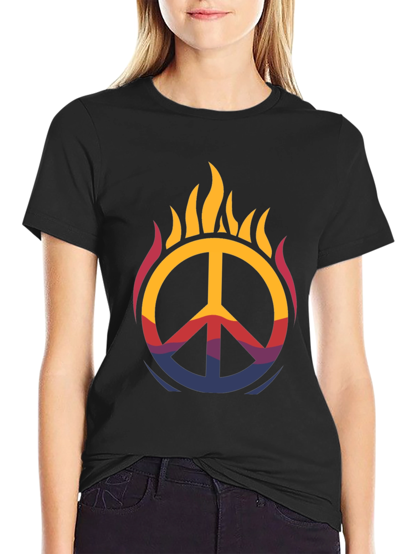 Flaming Peace Sign Graphic Tee - Black