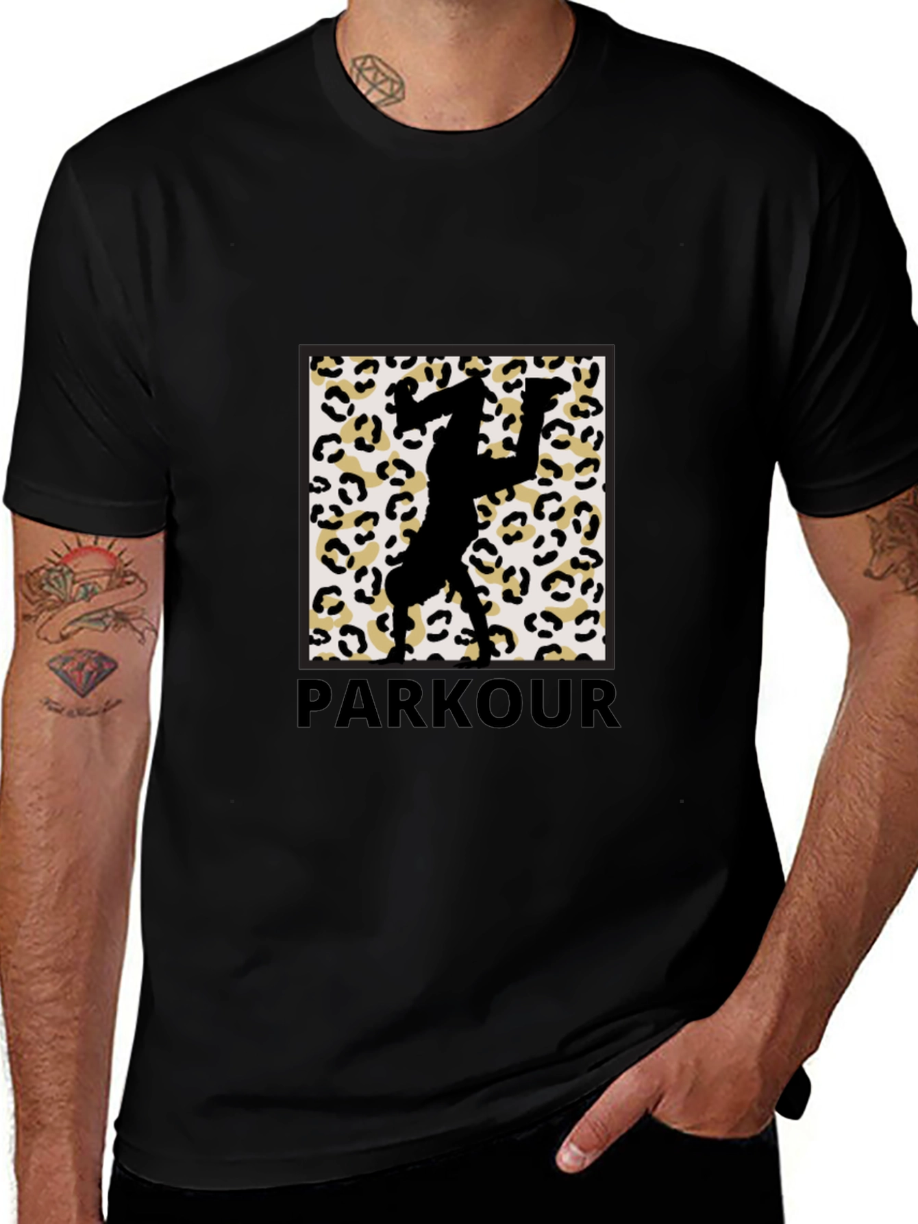 Parkour Leopard Print Graphic Tee - Black Cotton Blend