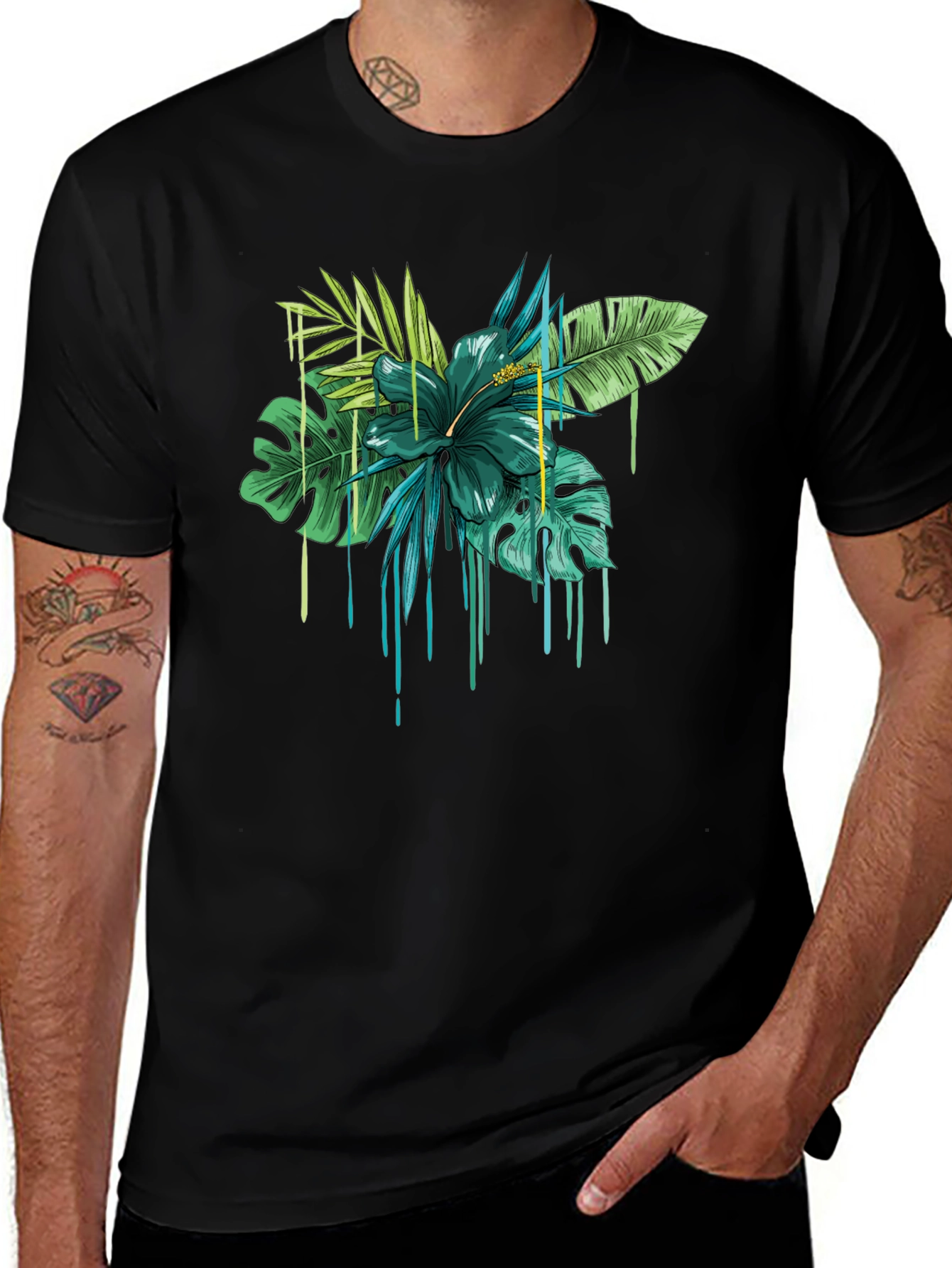 Tropical Floral Drip Graphic T-Shirt - Black
