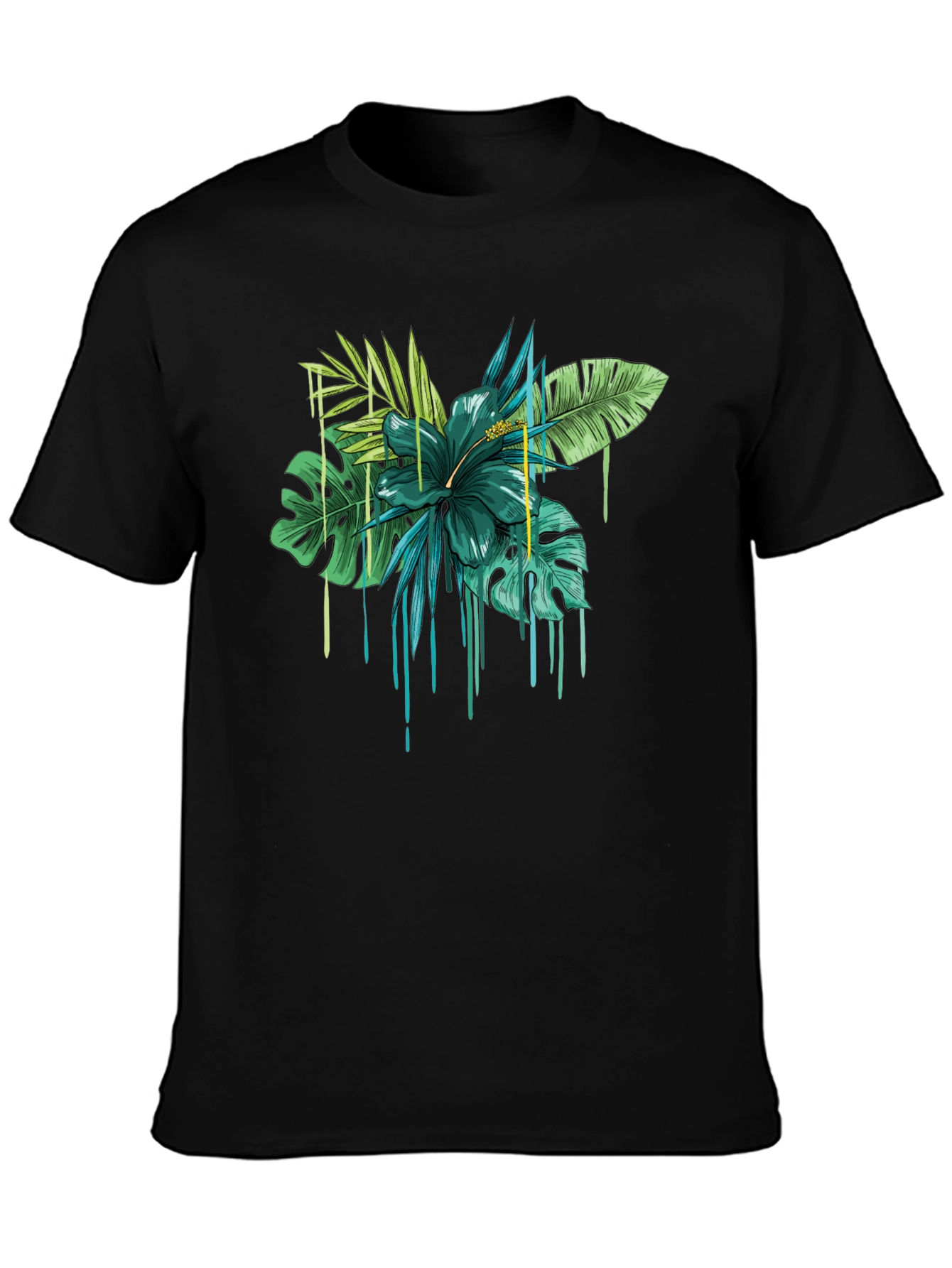 Tropical Floral Drip Graphic T-Shirt - Black