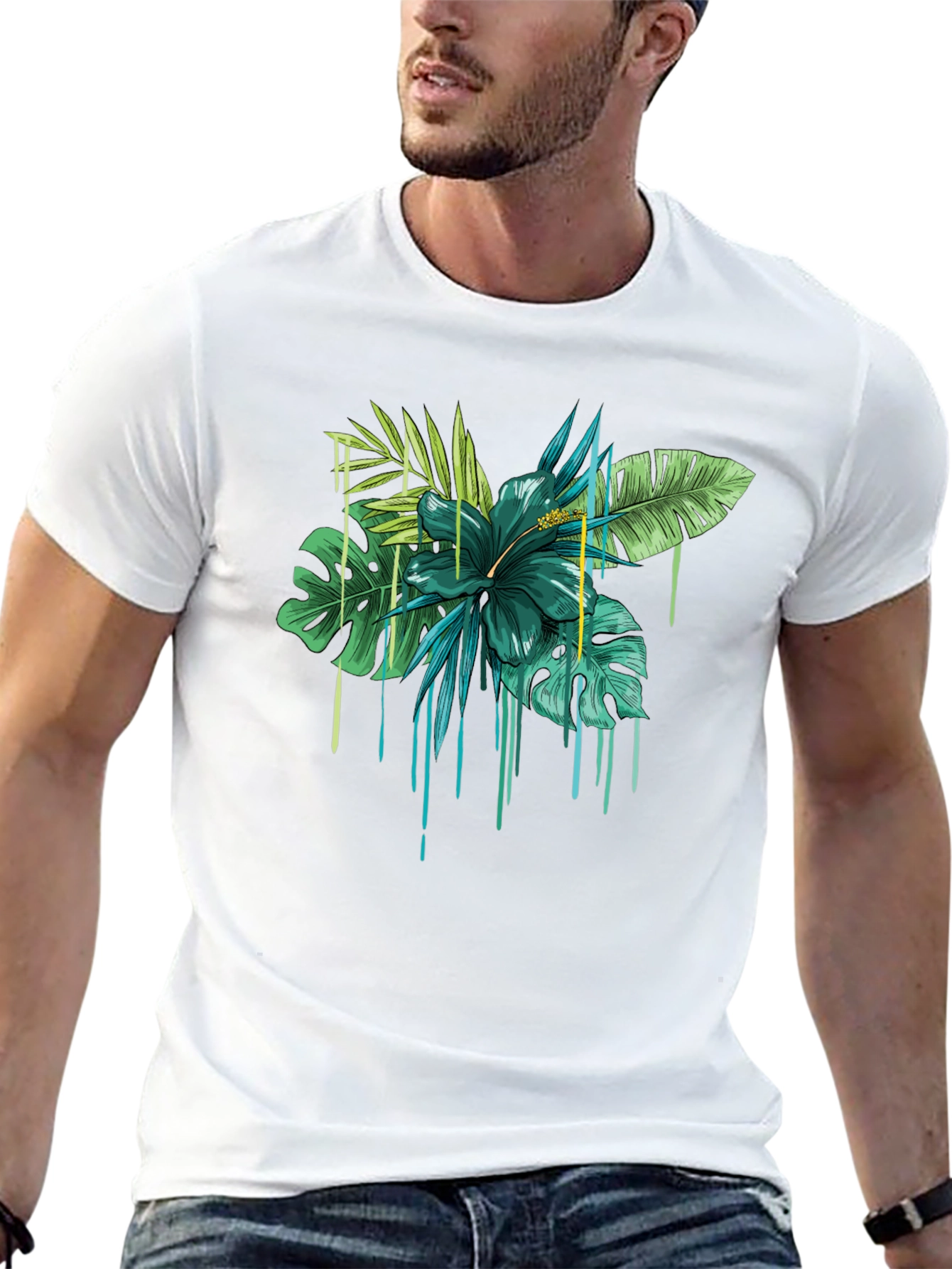 Tropical Floral Drip Graphic T-Shirt - Black