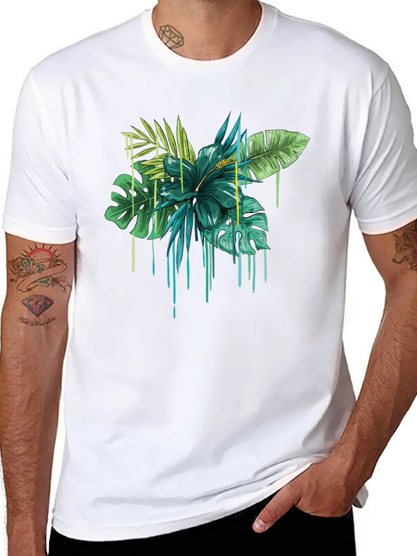 Tropical Floral Drip Graphic T-Shirt - Black