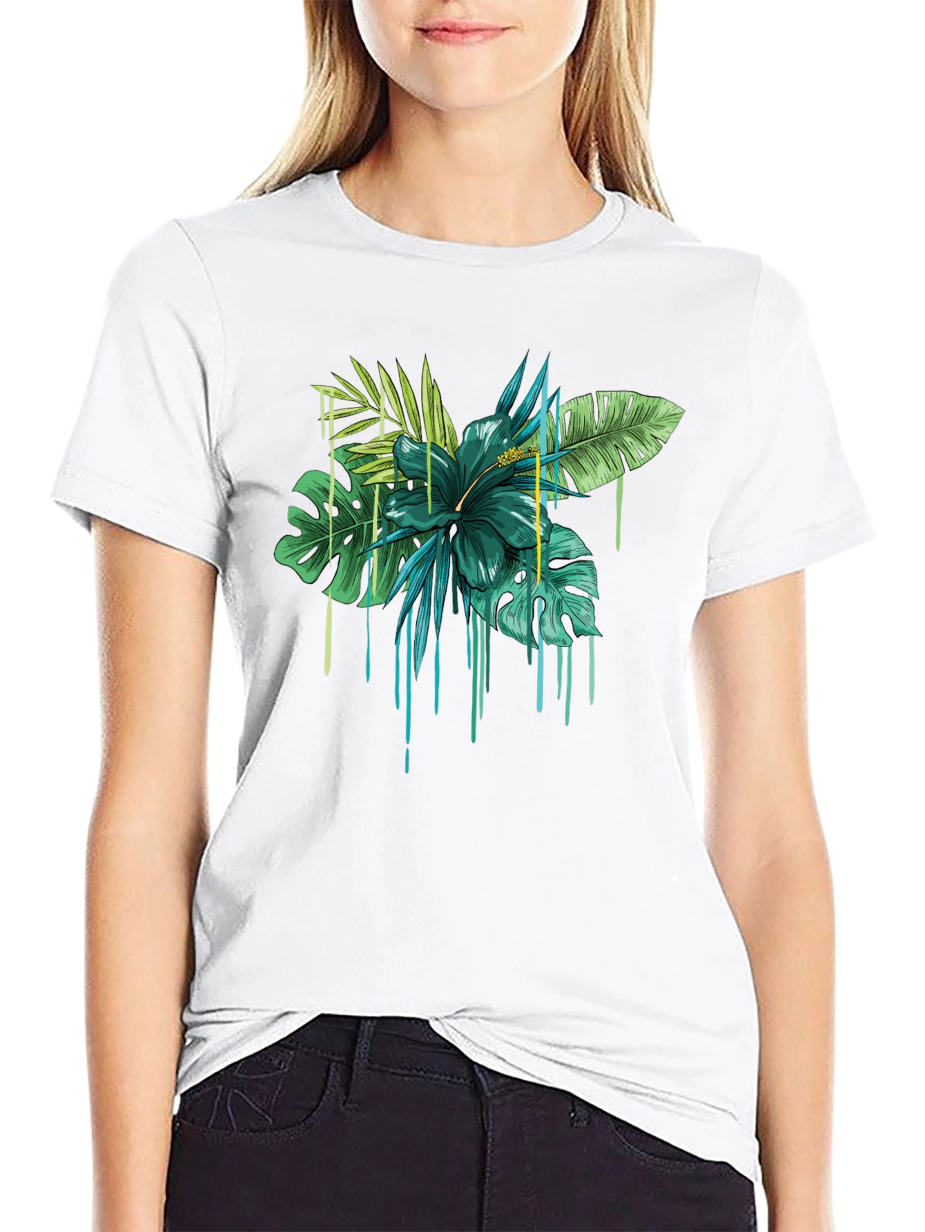 Tropical Floral Drip Graphic T-Shirt - Black