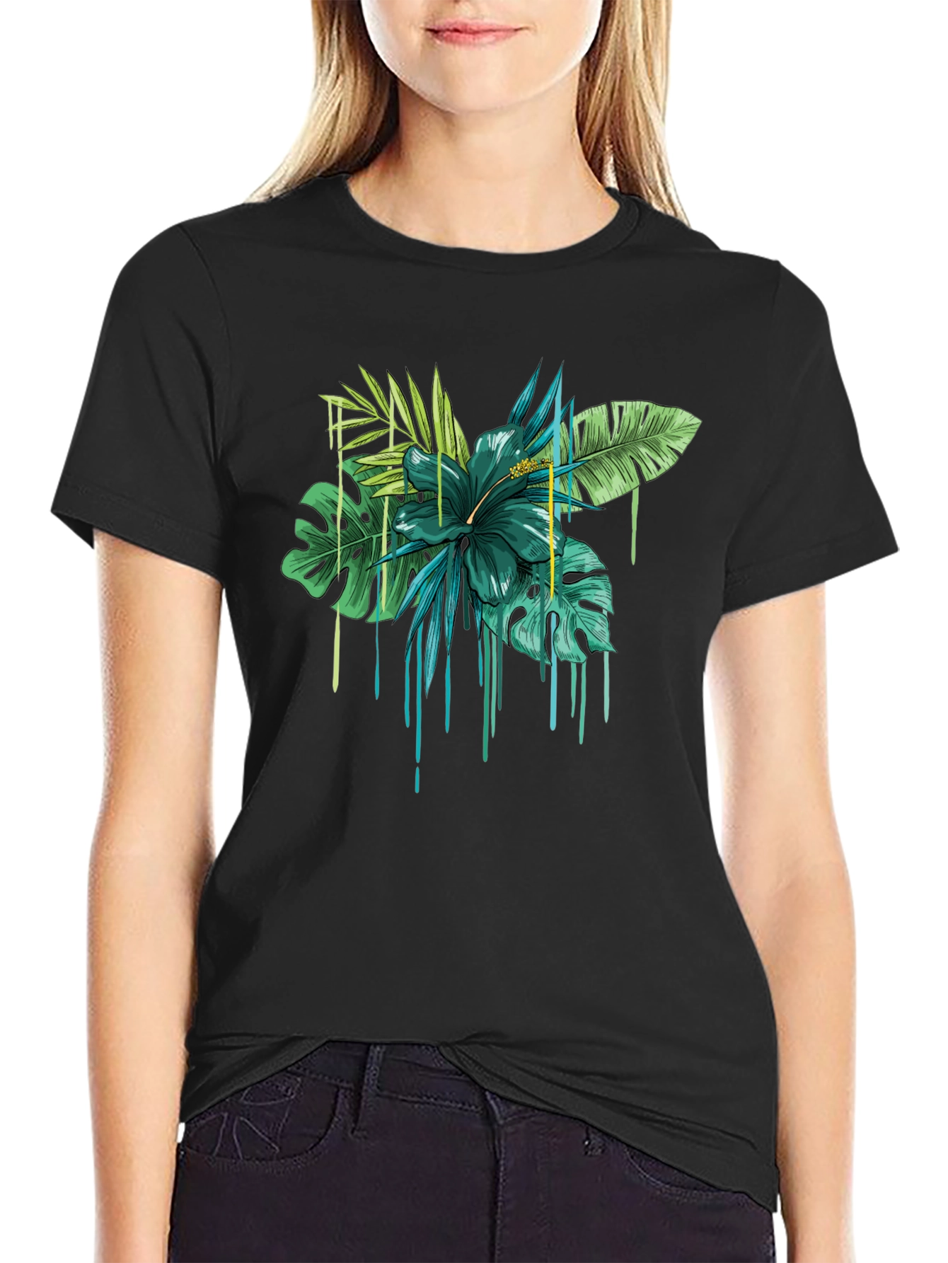 Tropical Floral Drip Graphic T-Shirt - Black