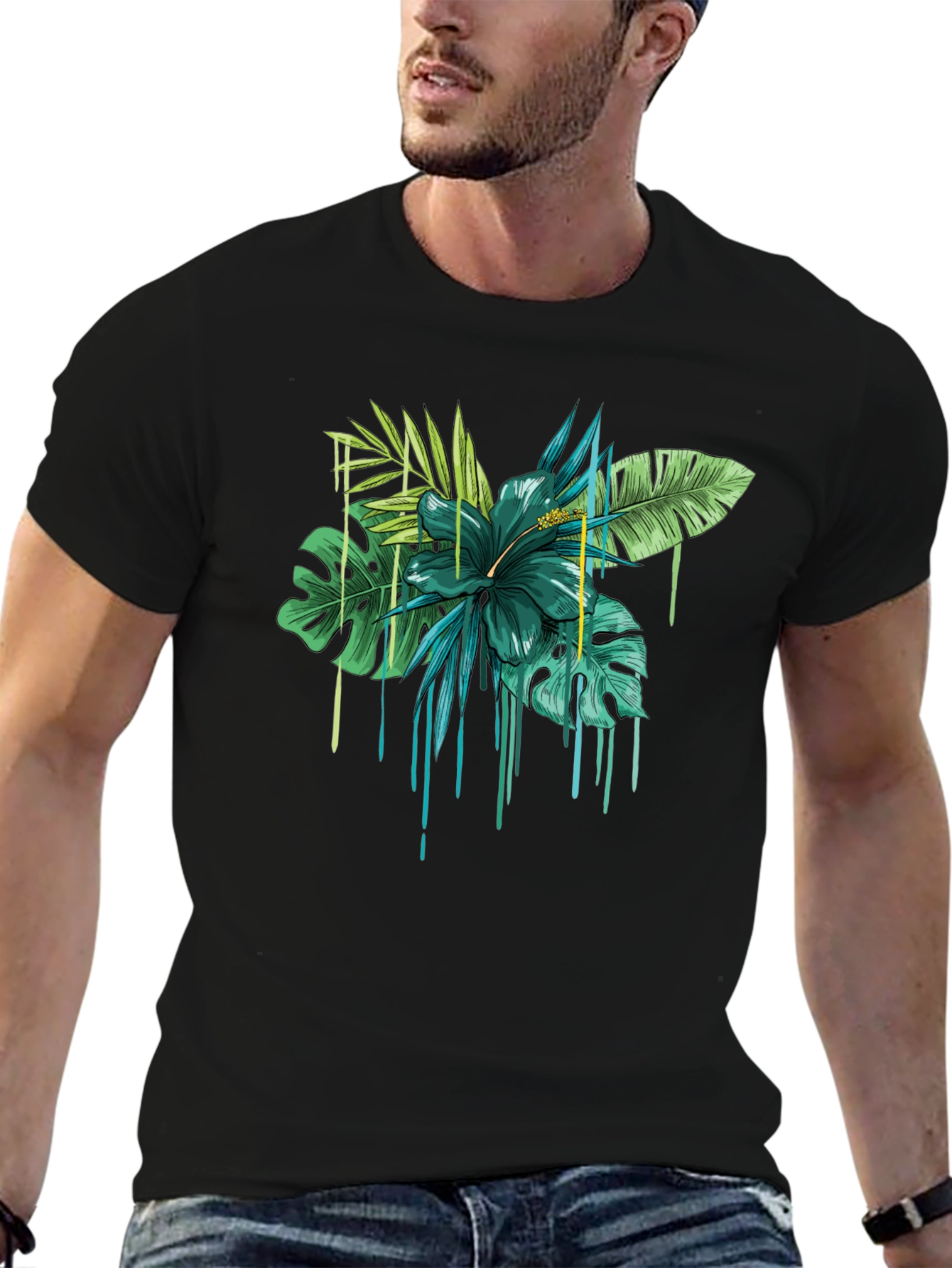Tropical Floral Drip Graphic T-Shirt - Black