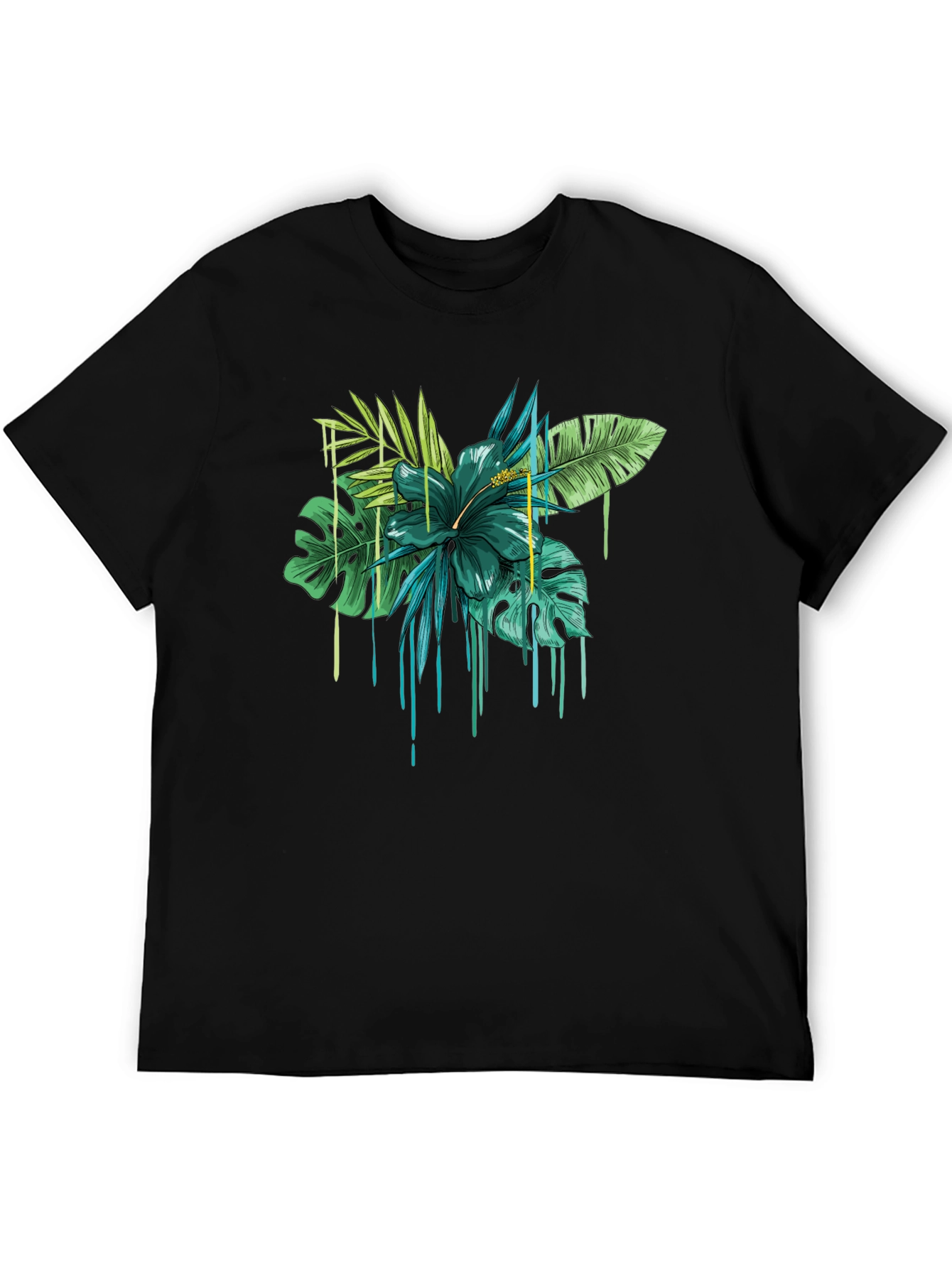 Tropical Floral Drip Graphic T-Shirt - Black