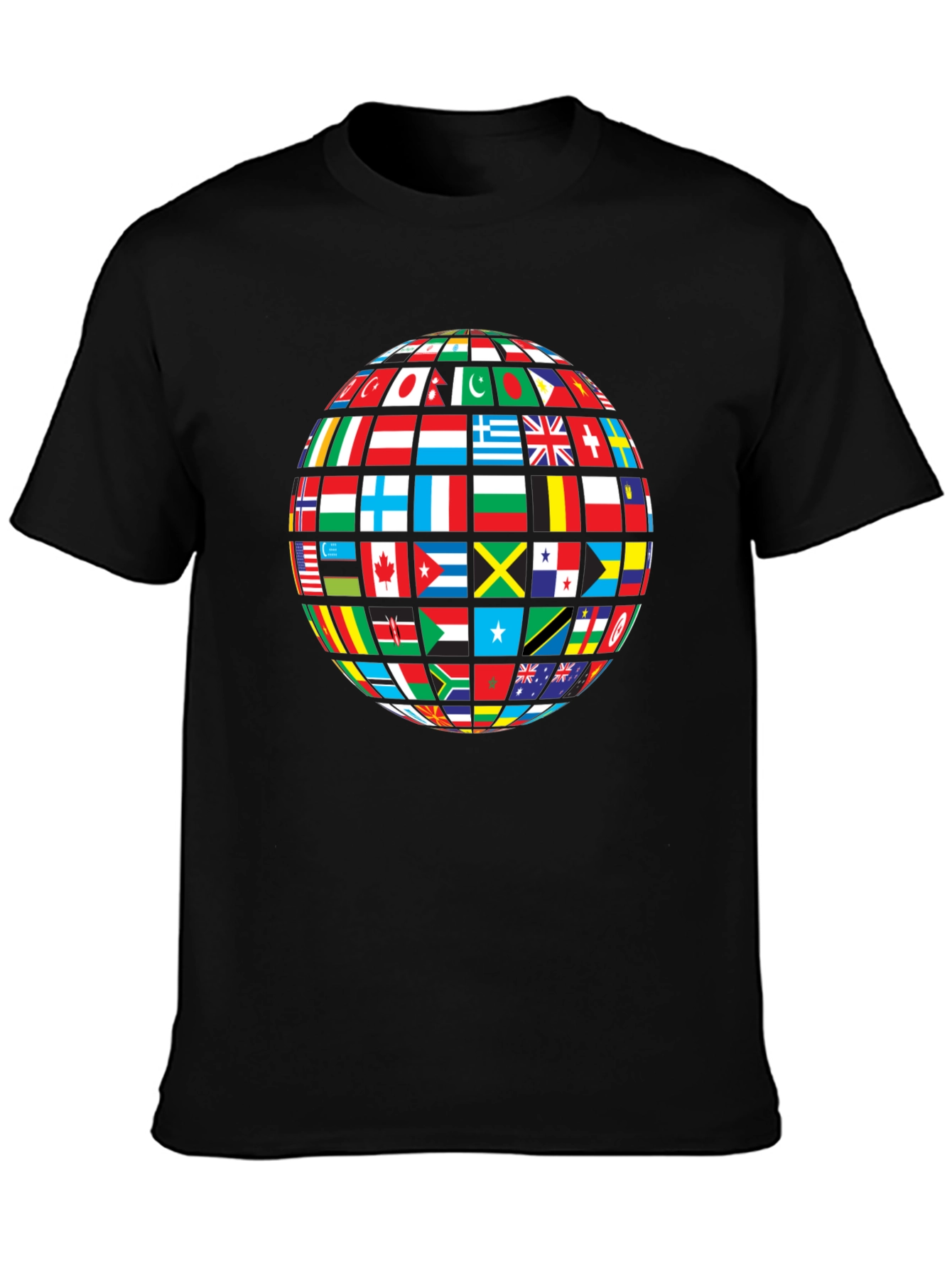 Global Flags Graphic Tee - Black Crew Neck Shirt