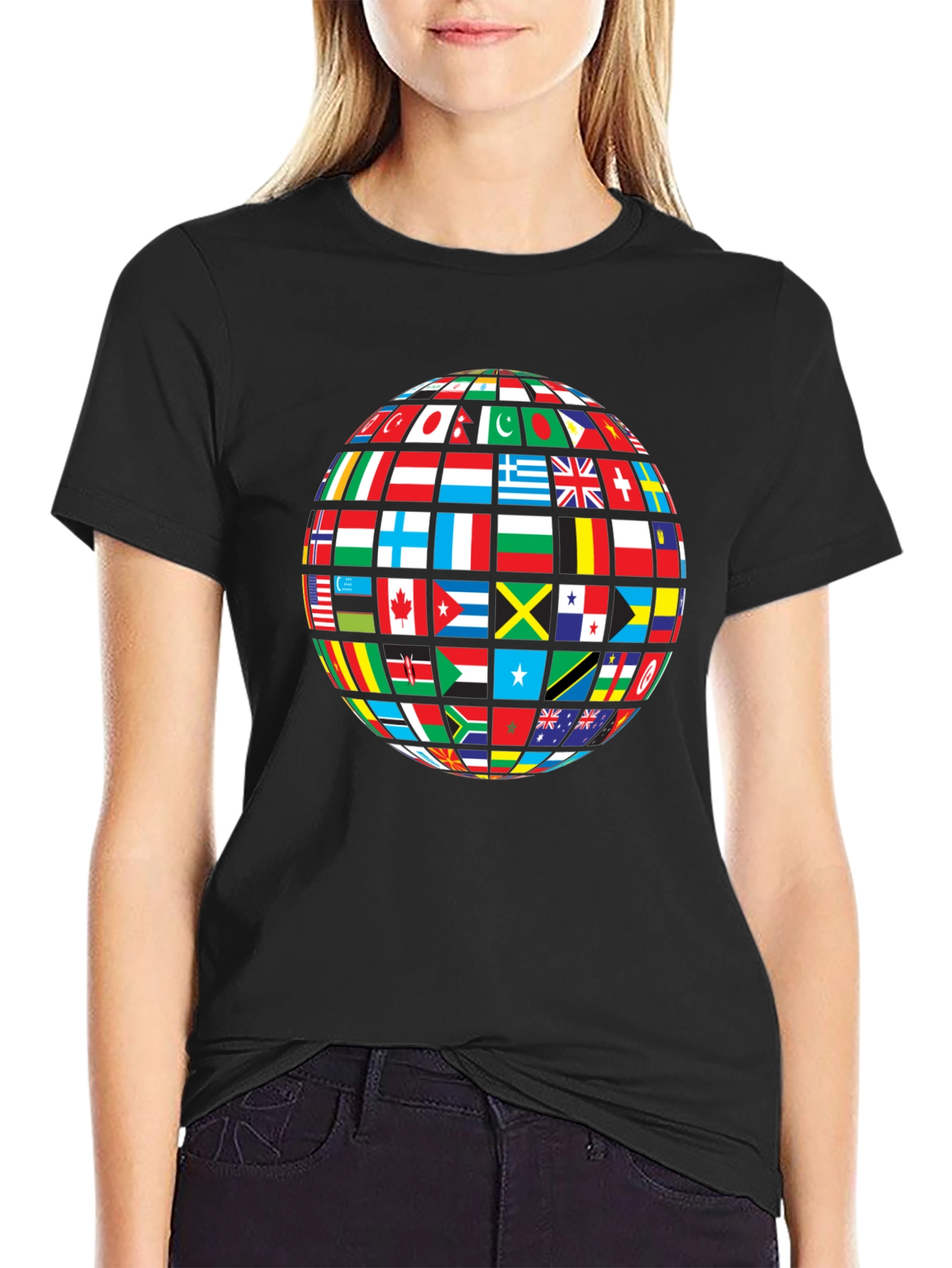 Global Flags Graphic Tee - Black Crew Neck Shirt