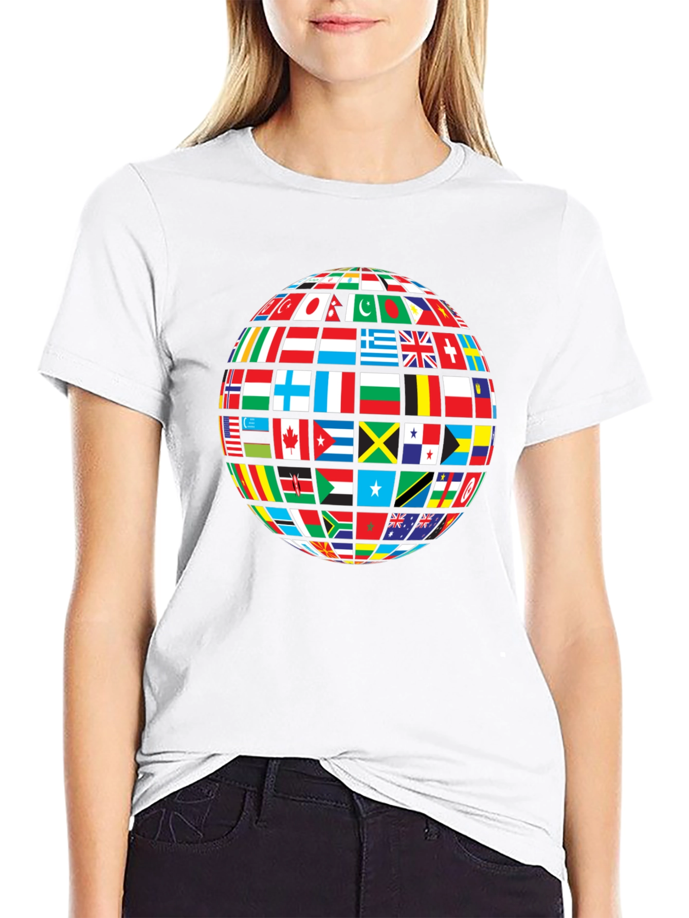 Global Flags Graphic Tee - Black Crew Neck Shirt