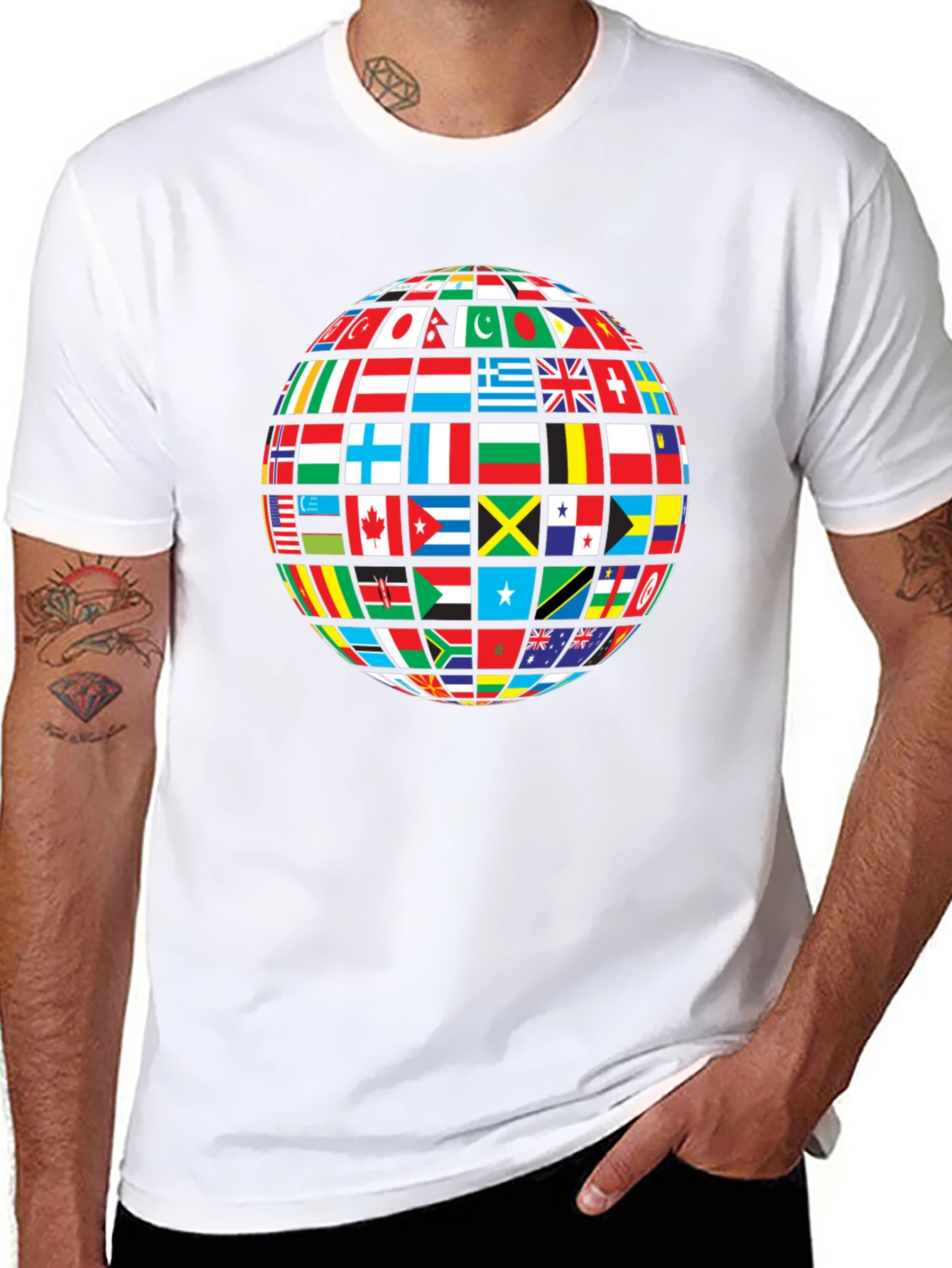 Global Flags Graphic Tee - Black Crew Neck Shirt
