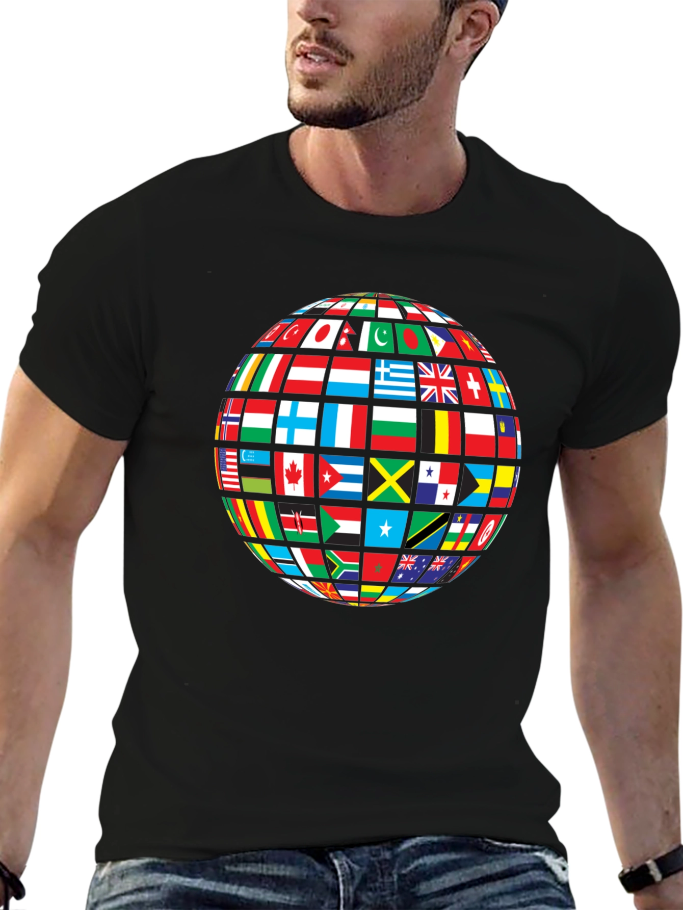 Global Flags Graphic Tee - Black Crew Neck Shirt